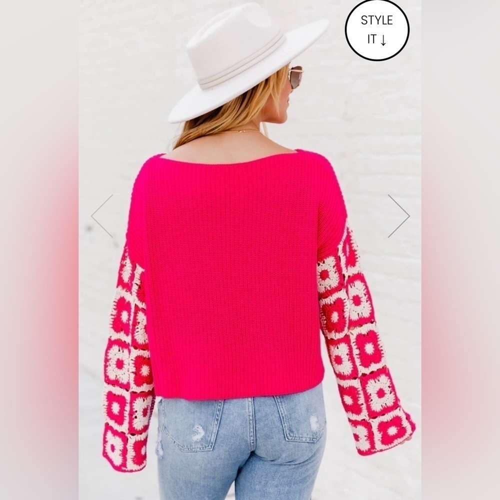 Pink Lily Fuchsia Crewneck Sweater with Crochet-Pattern Balloon Sleeves - Picture 2 of 16